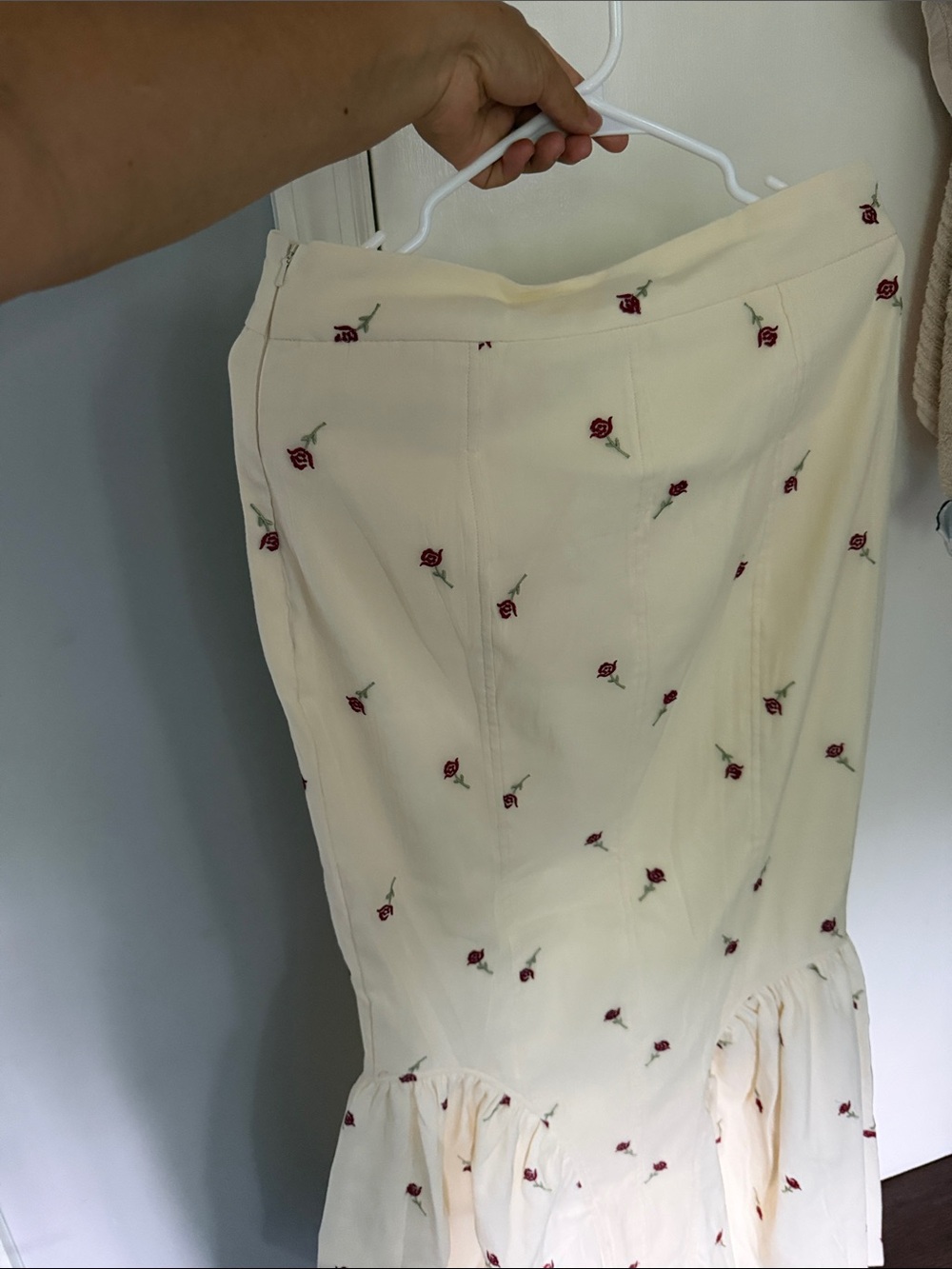 Reformation Cream Midi Skirt with Red Rose Embroidery - Picture 3 of 6